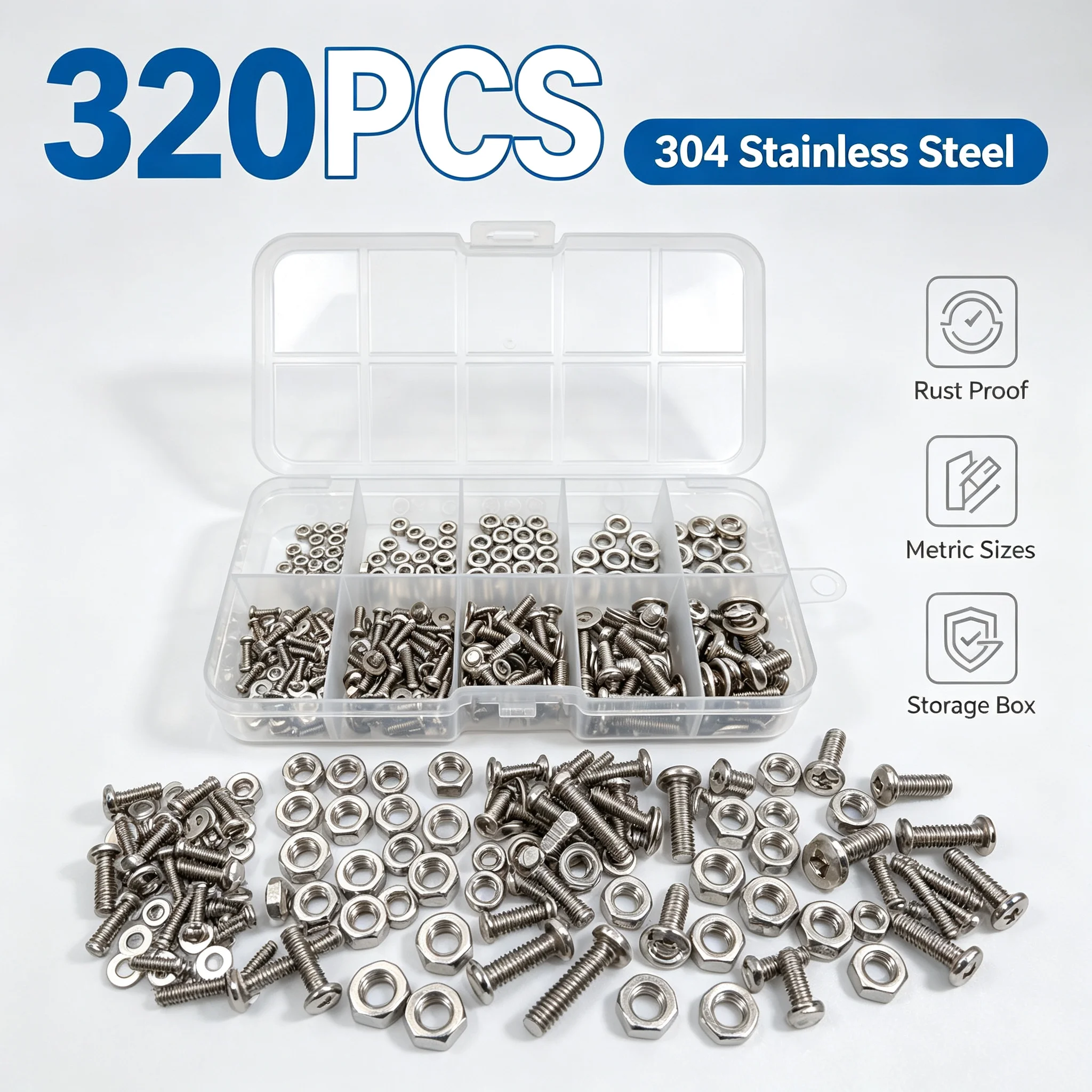 320pcs Stainless Steel Cross Pan Head Machine Screws Nuts Washers Assortment Kit M2 M2.5 M3 M4 M5 Metric Phillips Bolt Hardware
