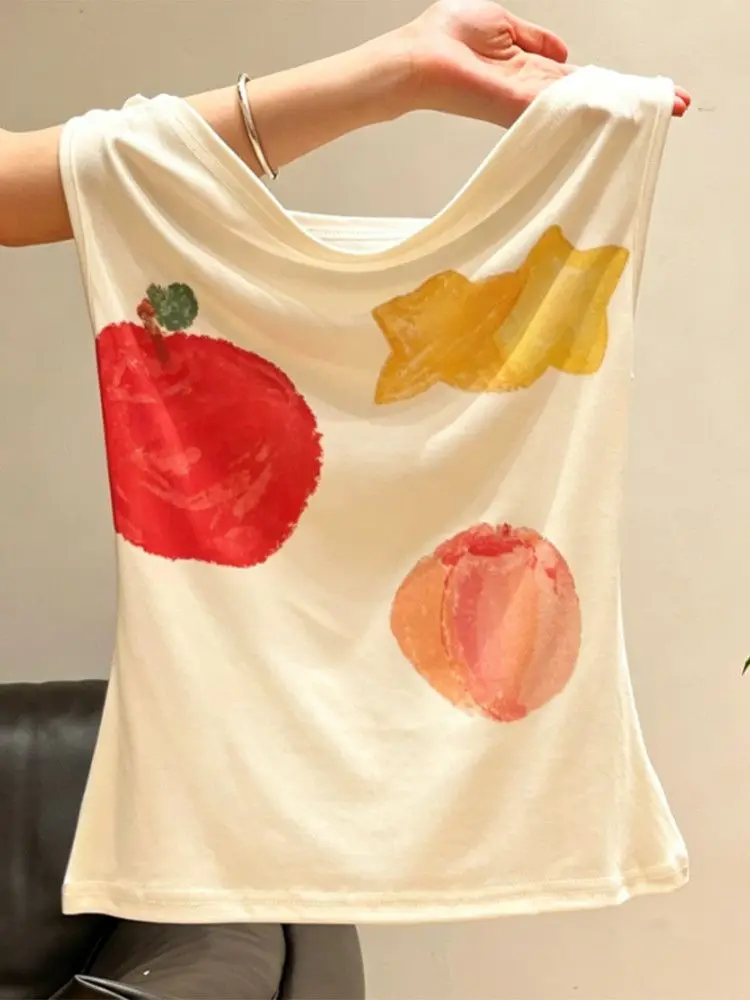 Slash Neck Sleeveless Print Sling Vest New Short Sweet Slim Women Clothing All-match Hot Sell Minority Soft Tanks