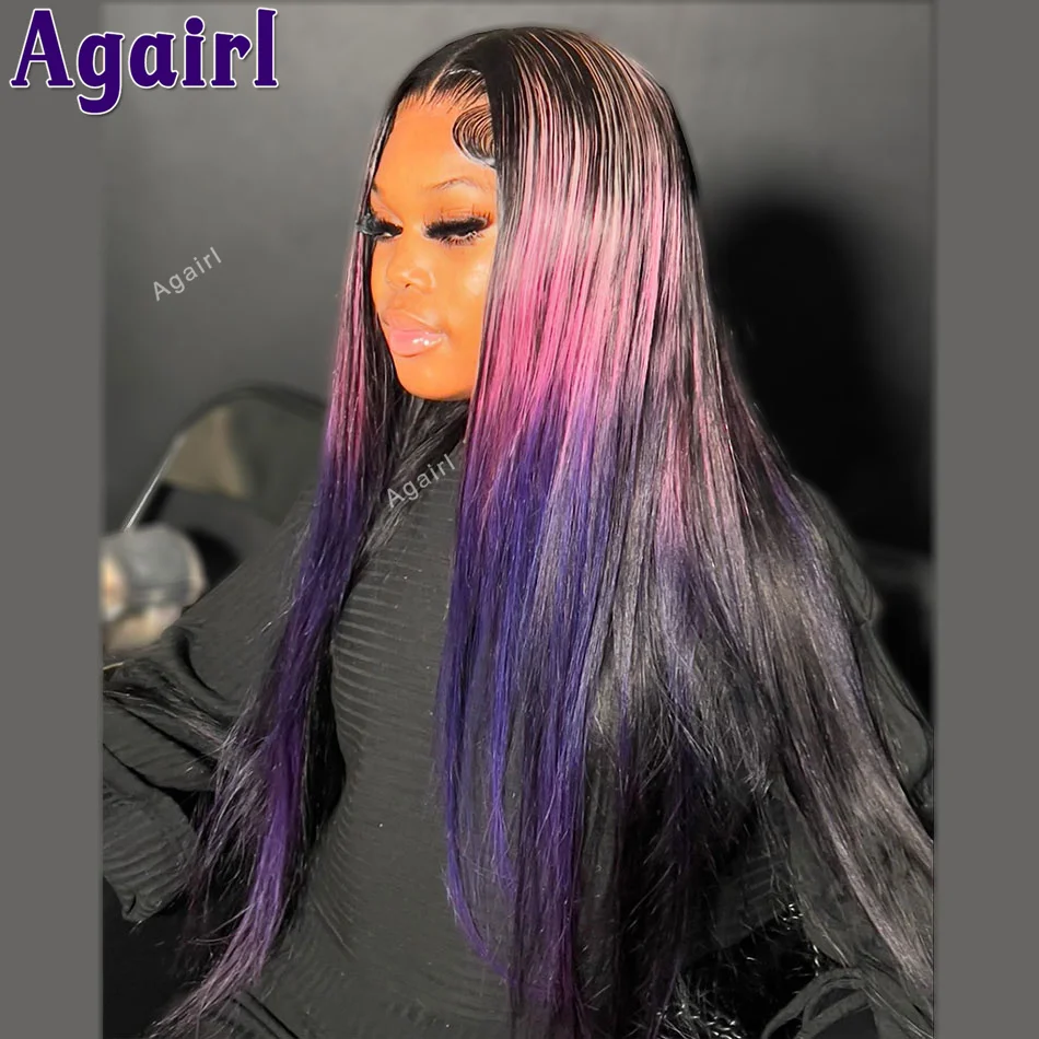 

Highlight Ombre Pink Purple Fluorescent Green 13X6 13X4 Lace Frontal Human Hair Wigs 32 Inch Straight Lace Front Wigs for Women