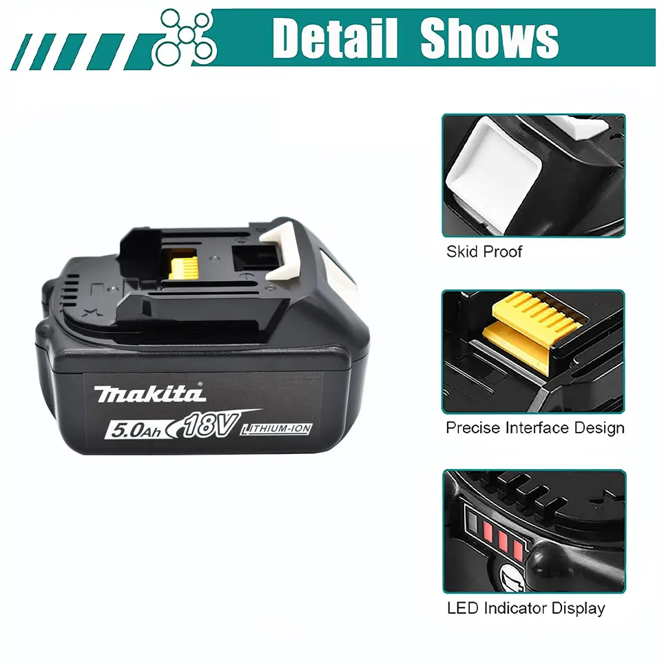 Makita Original  18V 5.0Ah, replaceable LED lithium-ion battery LXT BL1860B BL1860, rechargeable power tool battery