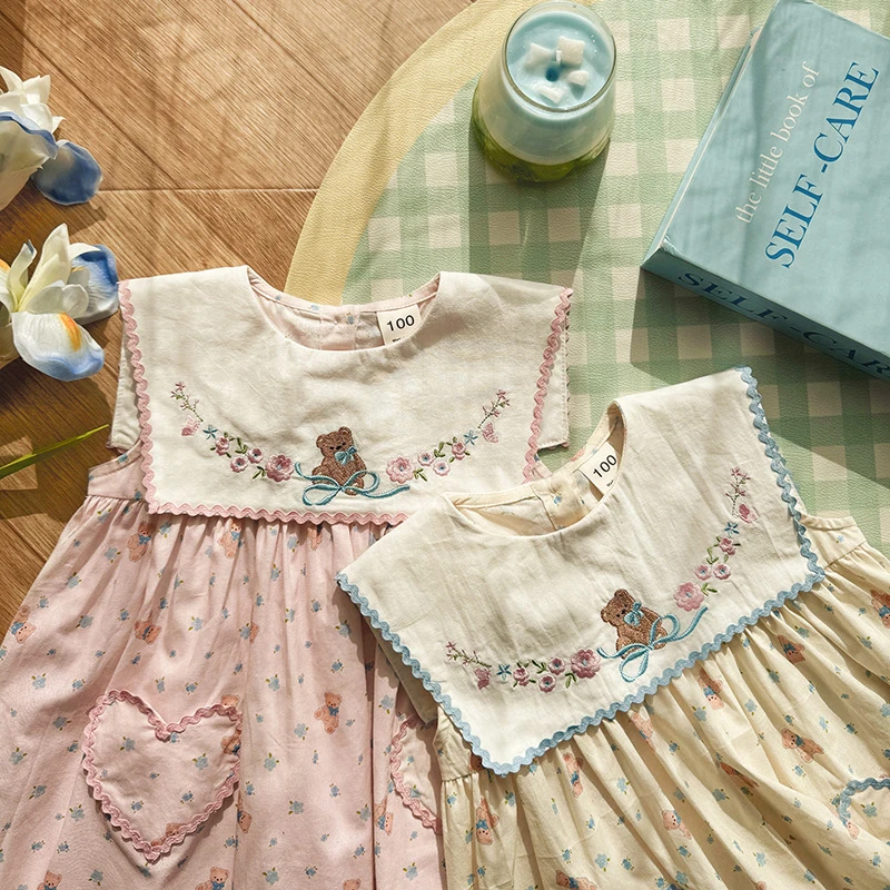 Girls' New Summer Dress with Bear Embroidery, Navy Collar, Floral Pattern, Pure Cotton Tank Dress