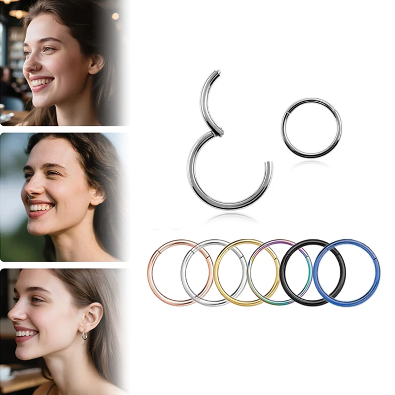 16G 316L Surgical Steel Hinged Clicker Nose Septum Rings Hoop Earring Lip Tragus Cartilage Body Piercing Jewelry, 6mm-12mm