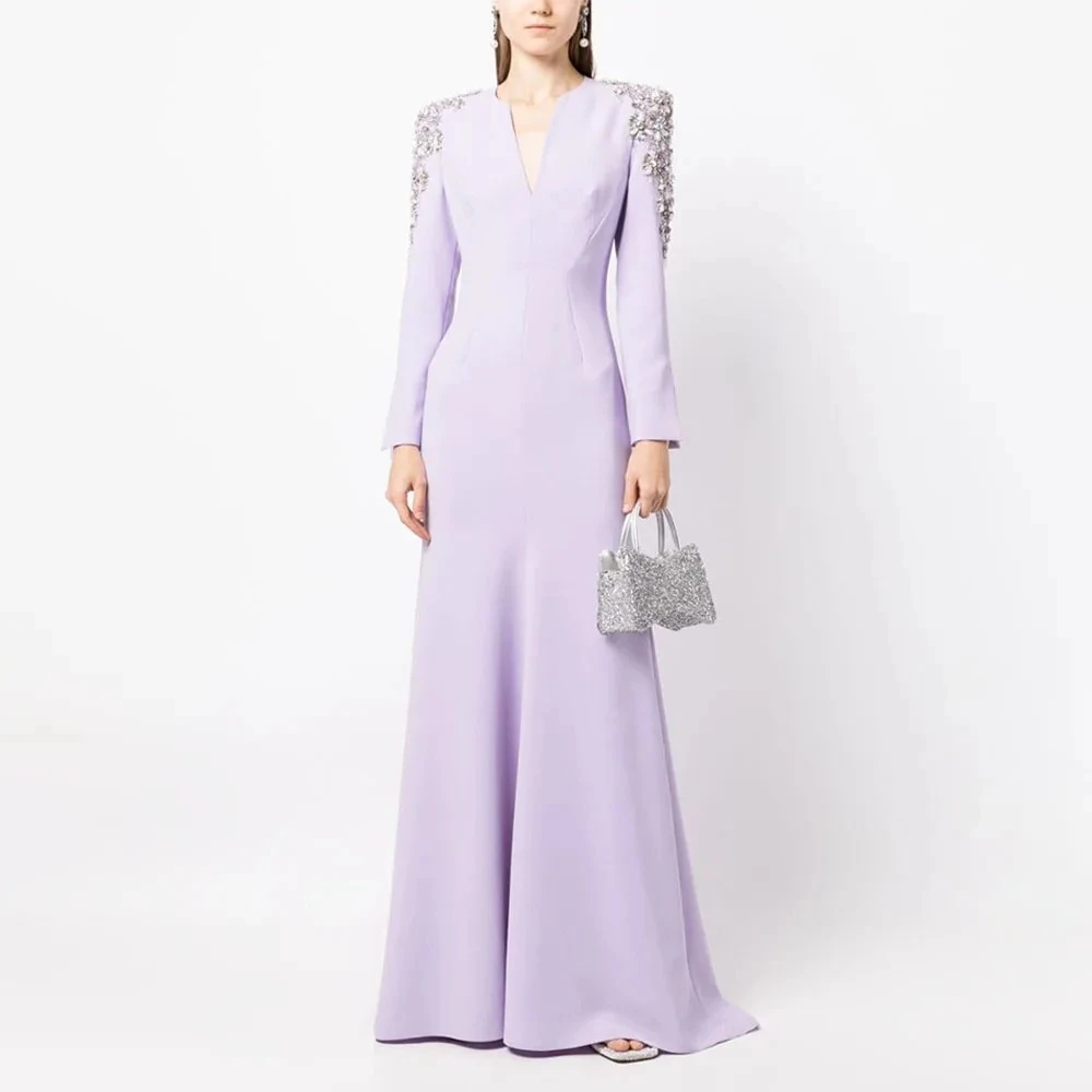 

Lilac Evening Dress for Woman Luxury Customized Neck Long Sleeves Crystal Evening Gowns Trumpet Elegant Wedding Party Dress