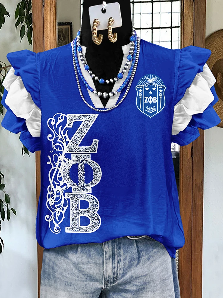 Zeta Phi Beta Sorority Print Fly Sleeve Blouse