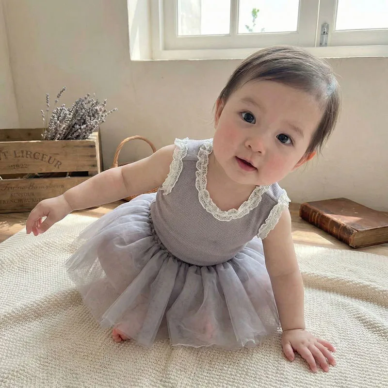 2026 Summer Baby Clothes Set 6-24M Sweet Toddler Girls Lace T-shirt + Mesh Shorts Loose Korean Infant Outfit 2PCS