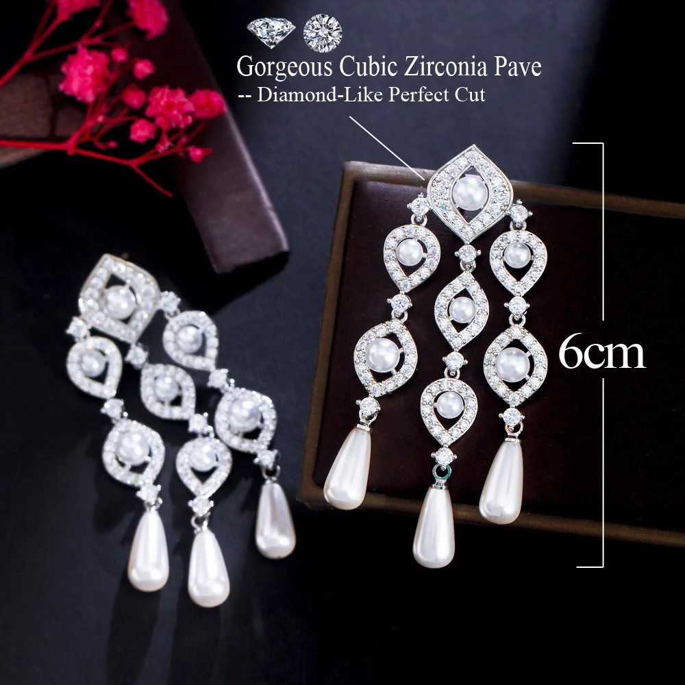 CWWZircons Big Luxury Sparkling Cubic Zircon Long Chandelier Drop Dangle Bridal Wedding Pearl Earrings Jewelry Accessories CZ469