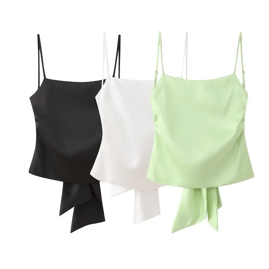 

Women's 2024 New Fashion Backless Bow Decoration Short Satin Texture Sling Top Retro Sleeveless Women's Tank Top Chic Top