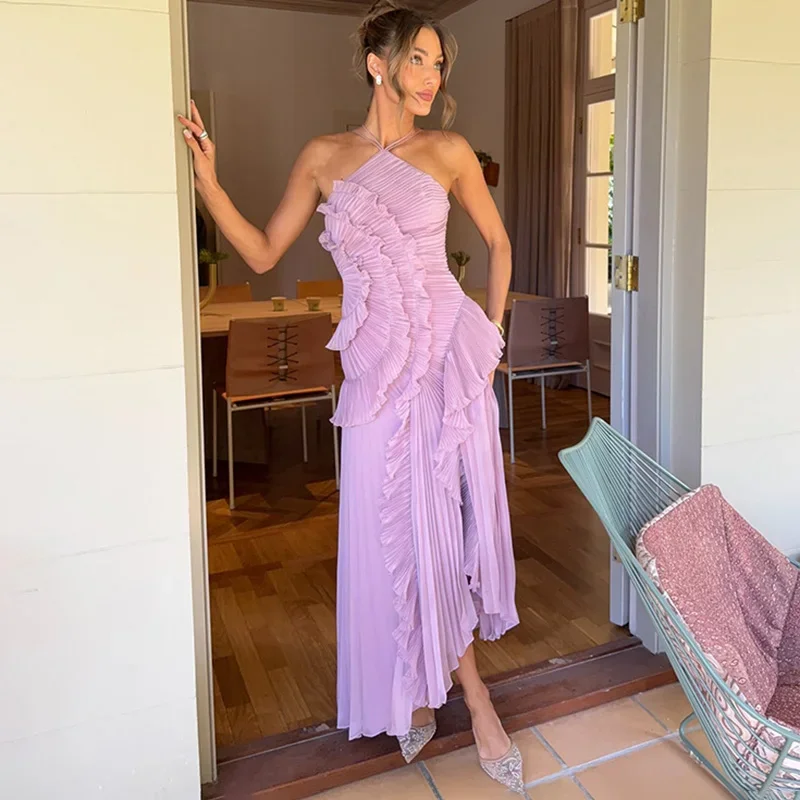 

Ruffled Halter Sling Dress Women's Pleated Splice Long Party Dress Ins Hot Irregular Sexy Slit Dress Elegant Sleeveless