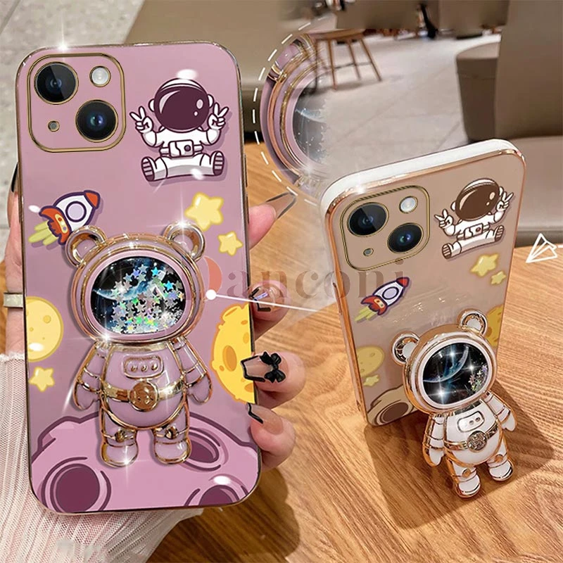 Cheering astronauts Plating Phone Holder Case For iPhone 15 Pro Max 12 13 Mini 14 Pro 11 15 Plus X XR XS 8 7 Plus 6 6S Cover