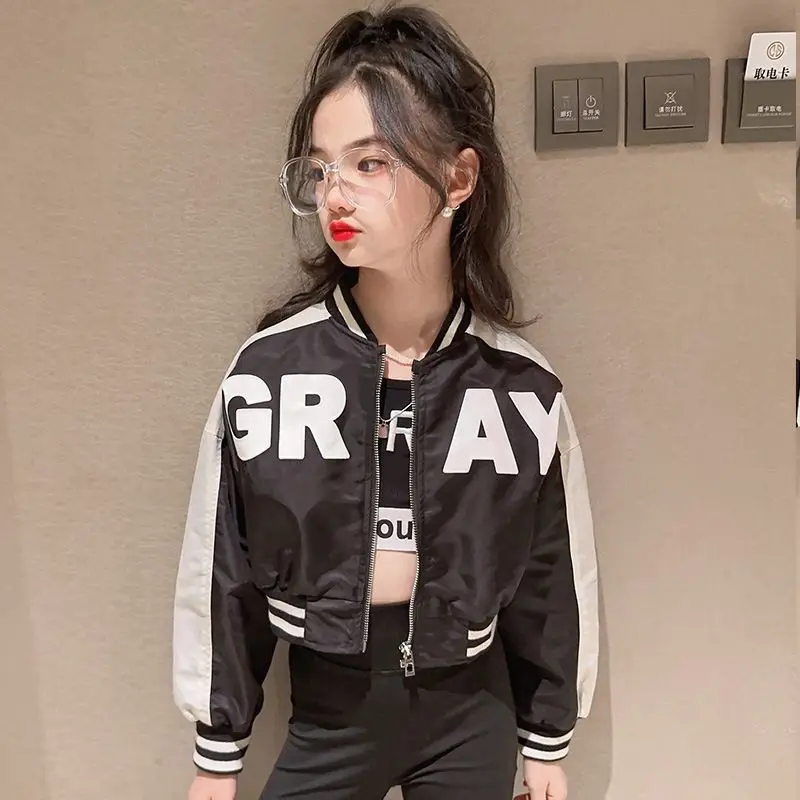 Letter Zipper CoatsSpring Autumn Teen Girls Jacket 2026 New Fashion For Kids Windbreaker Outerwear 4-13 Years Children Clothing