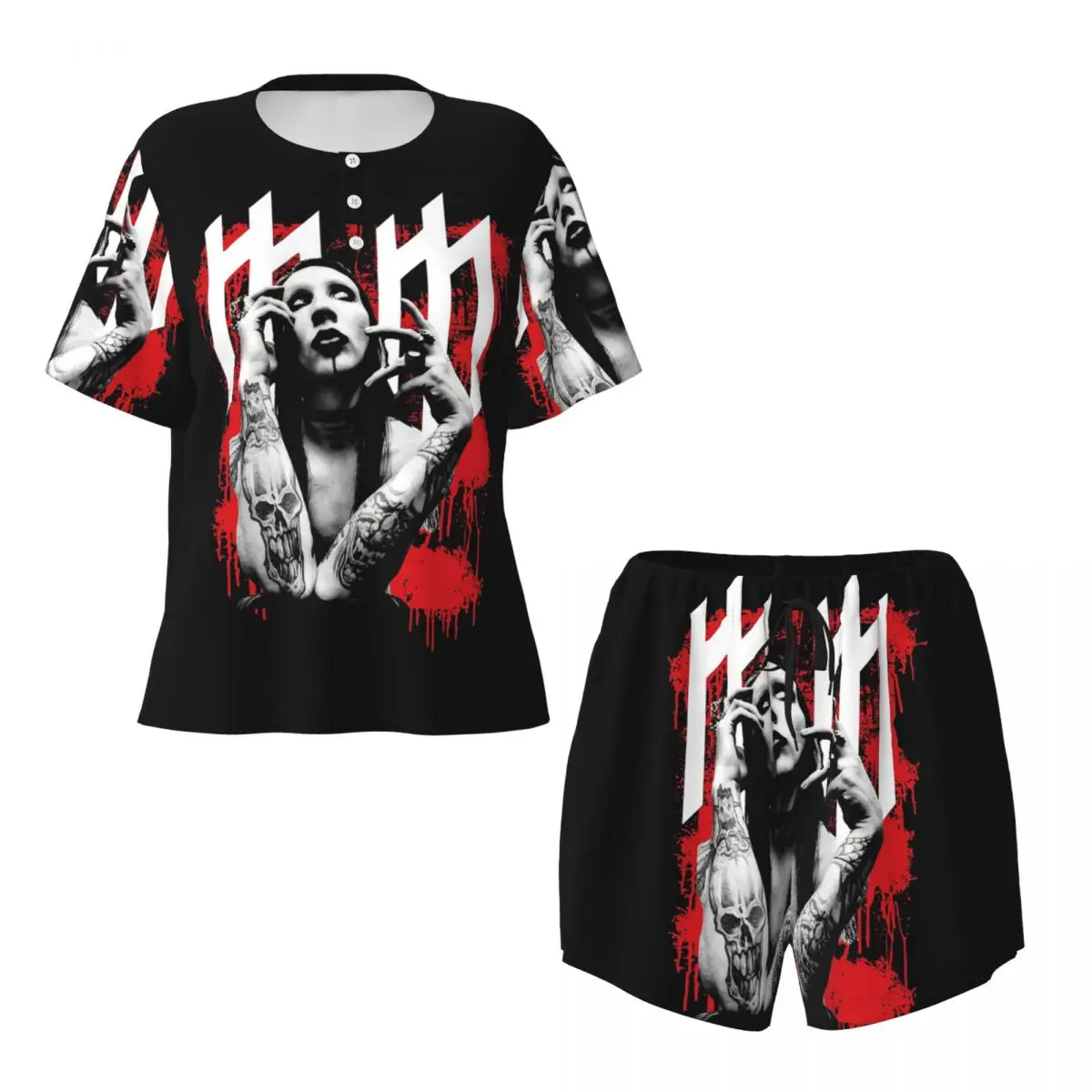 

Marilyn Manson Glitch Fan Gift Music Round Neck Short Sleeve Nightgowns for Sleeping Sleepshirts Women Pajama Set Short Pants