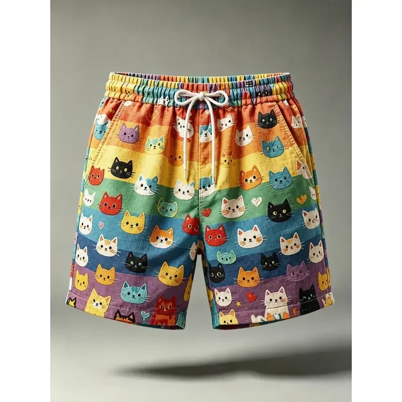 For Men Colorful Cat Pattern Swimming Trunks Rainbow Striped Cat Head Print Beach Pants Fun Summer Pool Party Shorts