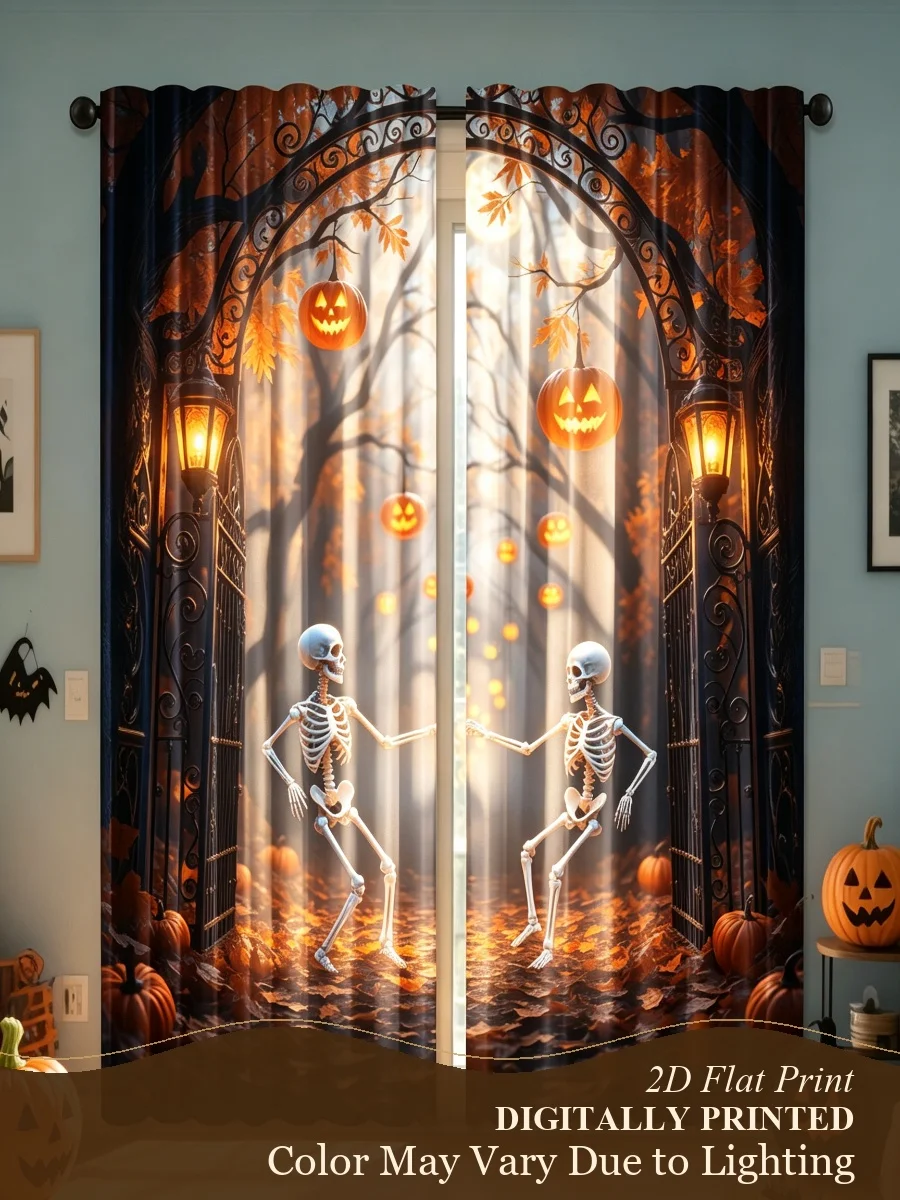 2PCS Halloween Skeleton Pumpkin Dance Curtains, Spooky Fall Festival Party Pattern Window Drapes for Holiday Home Decor