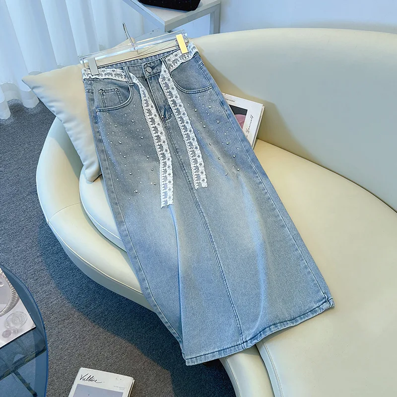 

Джинсовая юбка женская, длинная джинсовая юбка с бисером и высокой талией, юбка трапециевидной формы с разрезом, женская стираная винтажная кружевная повседневная юбка Femme