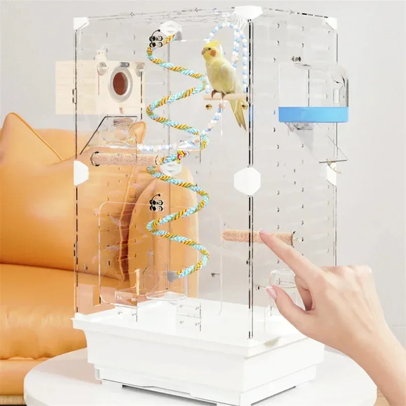 Large Acrylic Fully Transparent Bird Cage Parrot Cage Budgie Cockatiel Luxury Villa Ornamental Splash-proof Breathable