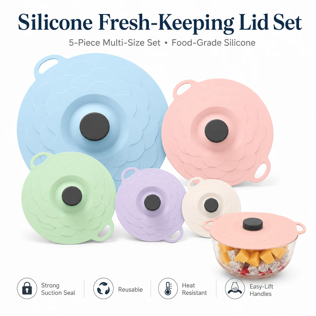 Uwhise 5 Pack Silicone Lids Microwave Splatter Cover Set Reusable Heat Resistant Suction Seal Food Covers for Bowls Cups Pots