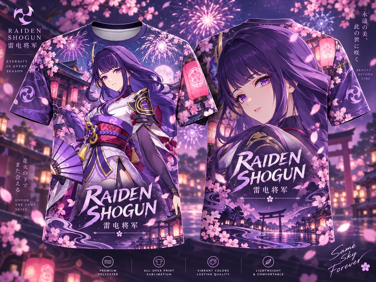 2026 Unisex Raiden Shogun Genshin Impact 3D Print T-shirt, Purple Lightning Sakura Anime Streetwear Short Sleeve Tees