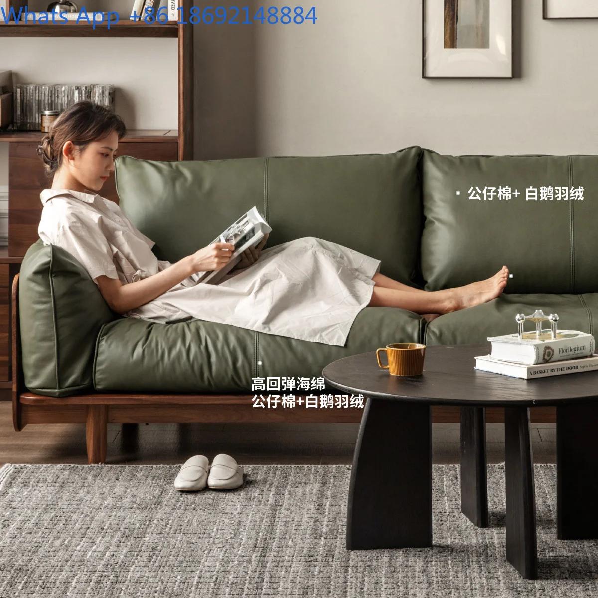 أريكة من خشب الجوز الصلب لغرفة المعيشة الصغيرة، أريكة بمقعدين من الجلد الطبيعي على الطراز الصيني الحديث