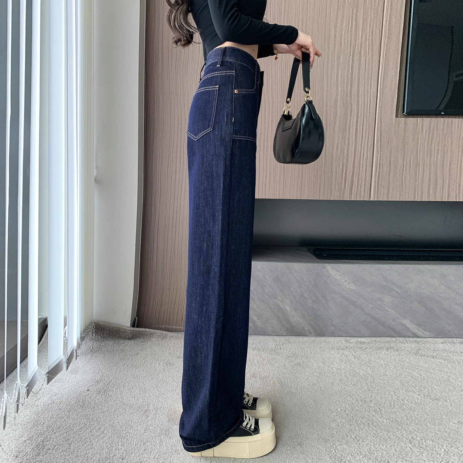 الشتاء رشاقته الصوف عالية الخصر واسعة الساق الجينز مستقيم قطع الطابق طول السراويل الصيف المرأة الجديدة Faion التخسيس #2