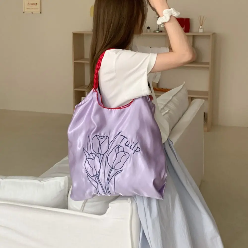 Commute Silk Satin Shoulder Bag Drawstring Handbag Tulip Embroidery Bag Shopping Bag Large Capacity Gentle Tote Bag Student