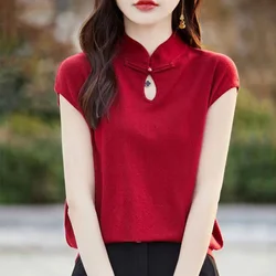 2024 New Summer Solid Color Retro Aesthetic Chinese Style Qipao Loose Sleeveless O Neckhollow Out Mixed Cotton Y2K Qipao Tops