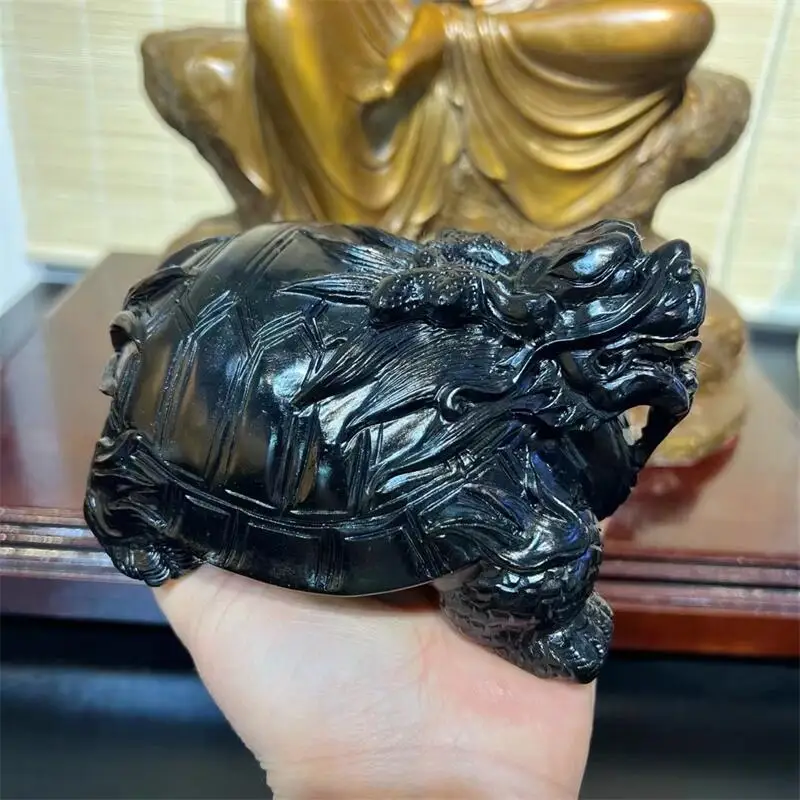 

Natural Black Obsidian Dragon Turtle Carving Sculpture Quartz Healing Energy Gemstone Crafts For Home Decoration 16x12x9cm