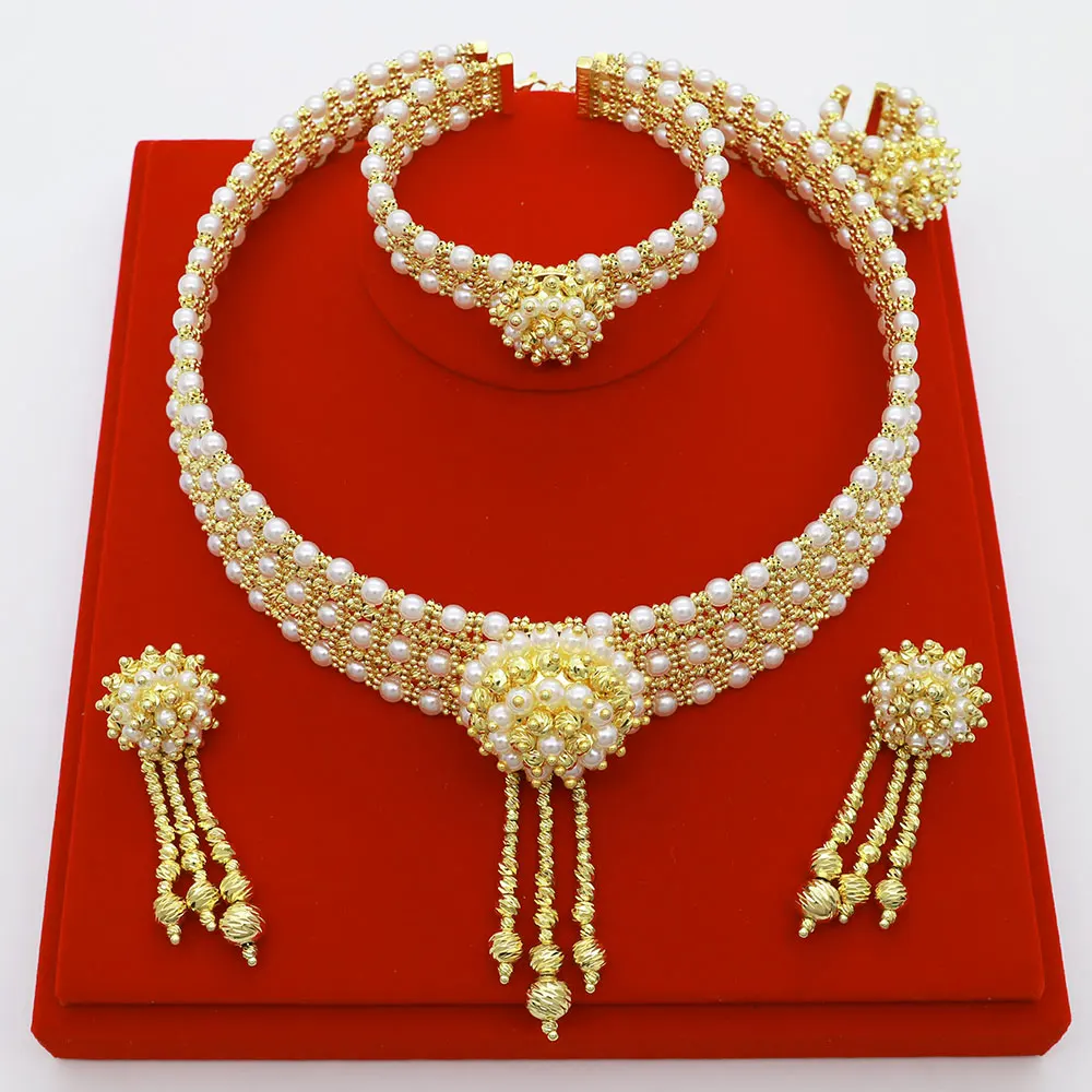 

Latest Exquisite Pearl Jewelry Set Fashion Design 18K Gold Plated Tassel Pearl Necklace Earrings Bracelet Ring Christmas Gift