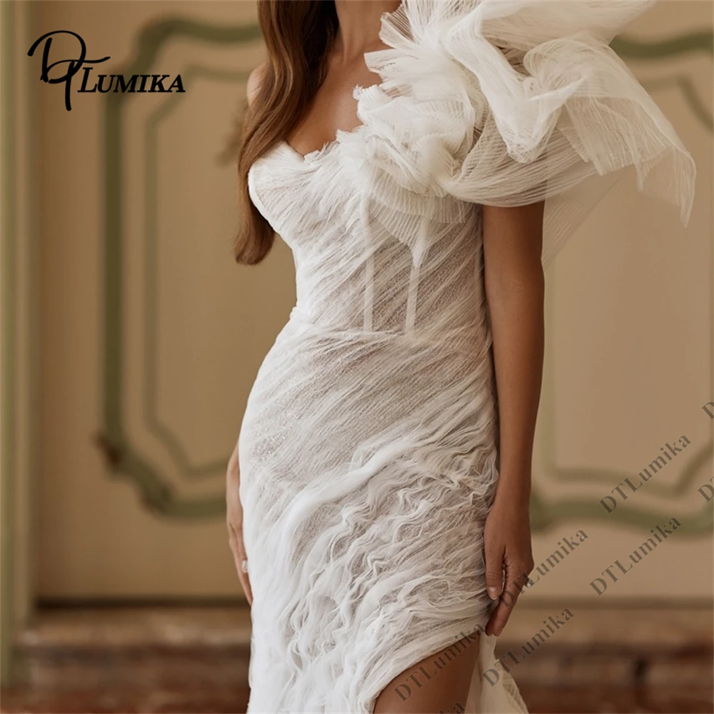 DTLumika Crepe Mermaid Long Wedding Dress Women's Customized Modern Bride Dresses, One Shoulder with Big Flower Bridal Gown