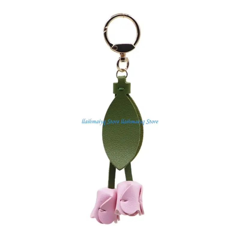 573B Trendy Tulips Bag Charm Alloy PU Leather Detachable Ornament Elegant Floral Ring For Women Men Gift
