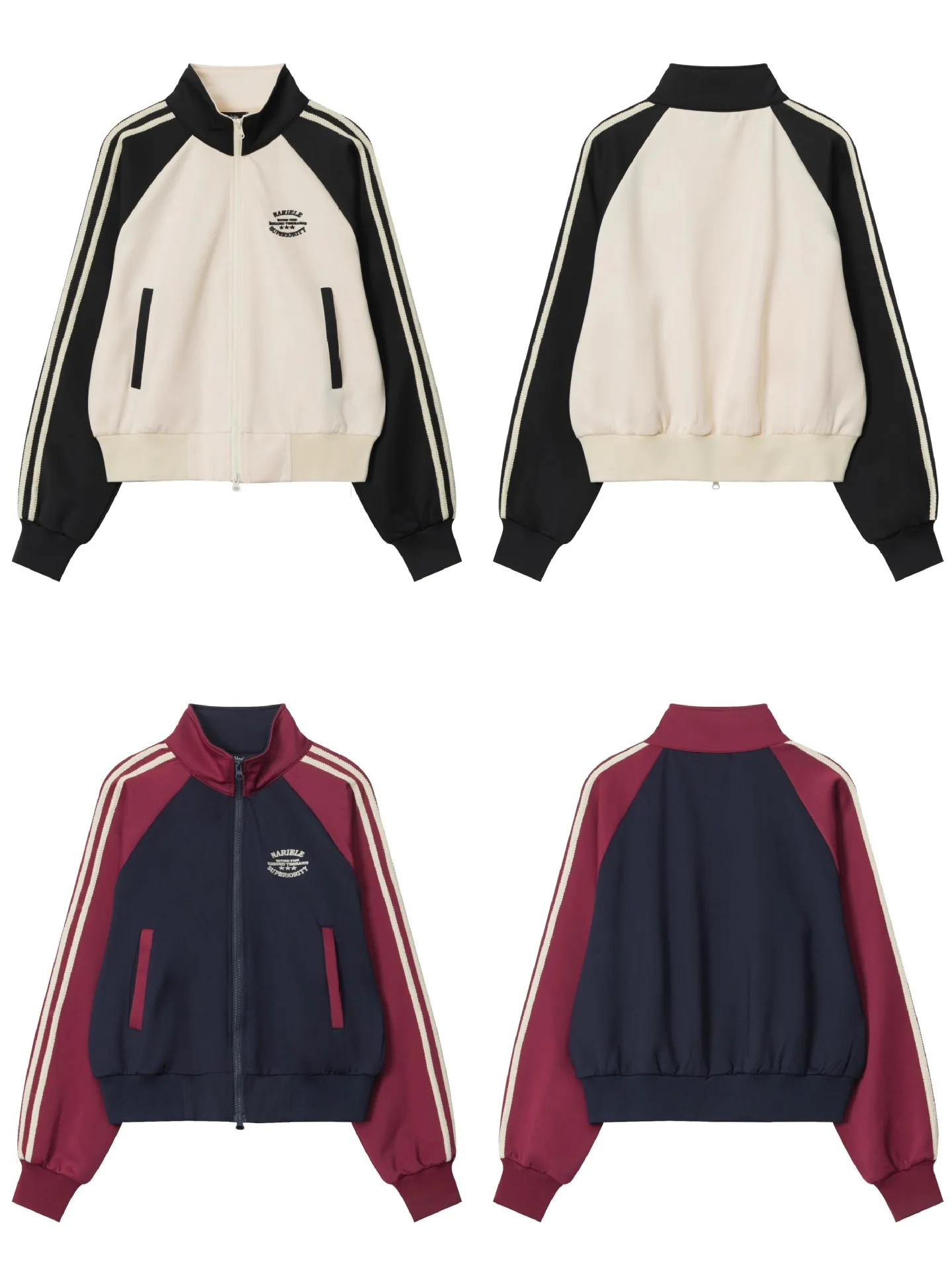 เสื้อคลุมคาร์ดิแกนสไตล์เรโทรอเมริกันสำหรับผู้หญิง ลายทางตัดสี คอตั้ง ซิปสั้น สไตล์สาวฮอต ลำลอง