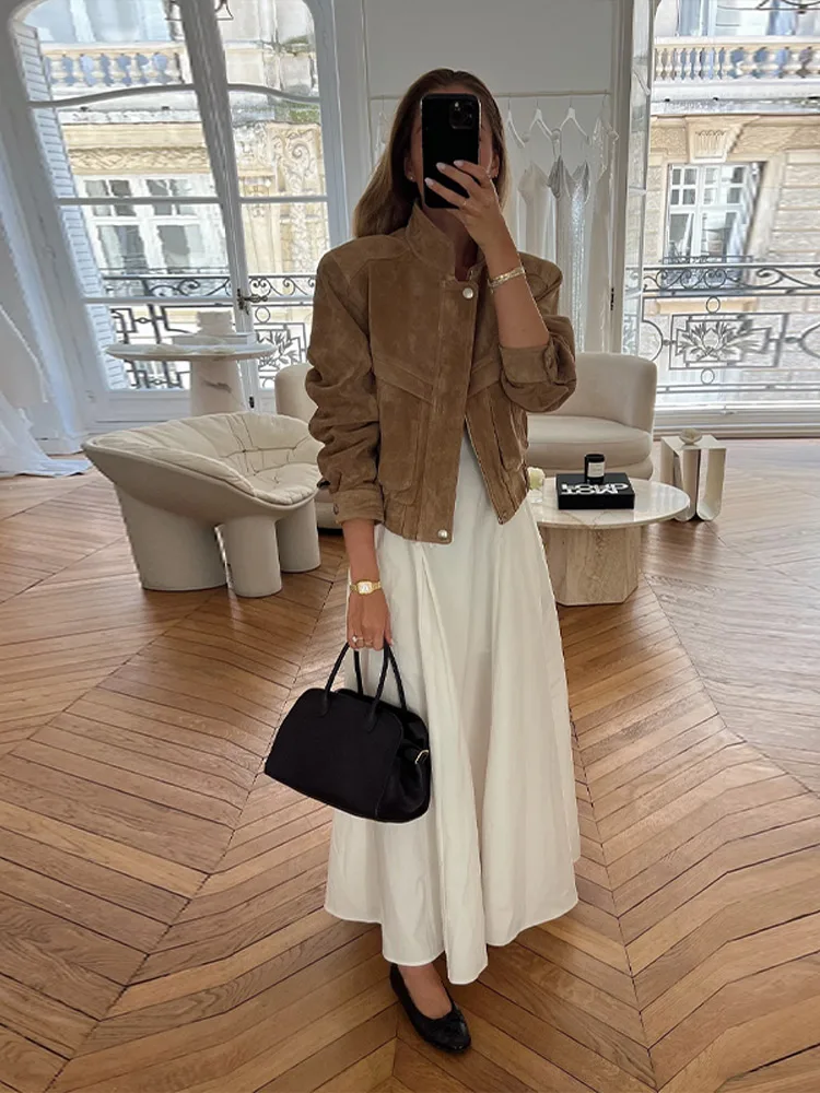 Damski Zestaw Jesienny 2025: Zamszowe Szorty, Kurtka z Długim Rękawem, Kieszeniami na Zamek, Szerokie Nogawki, Modny Brązowy Komplet Dwuczęściowy