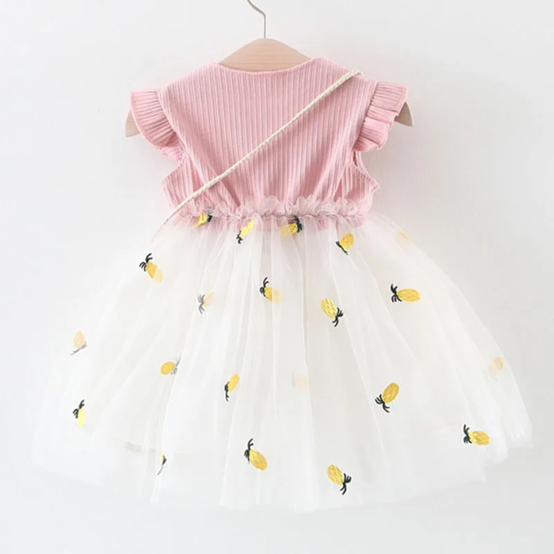 Summer Kids Girl Mesh Princess Dress Patchwork Tulle Tutu Baby Sleeveless Dress+Hat Pineapple Design Cute Children Clothing A461