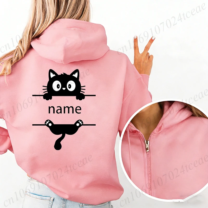 Customized Hoodies Black Cat DIY Print Zipper Hooded Sweatshirt Personality Style Zip Up Hoodies Long Sleeve Sweatshirts