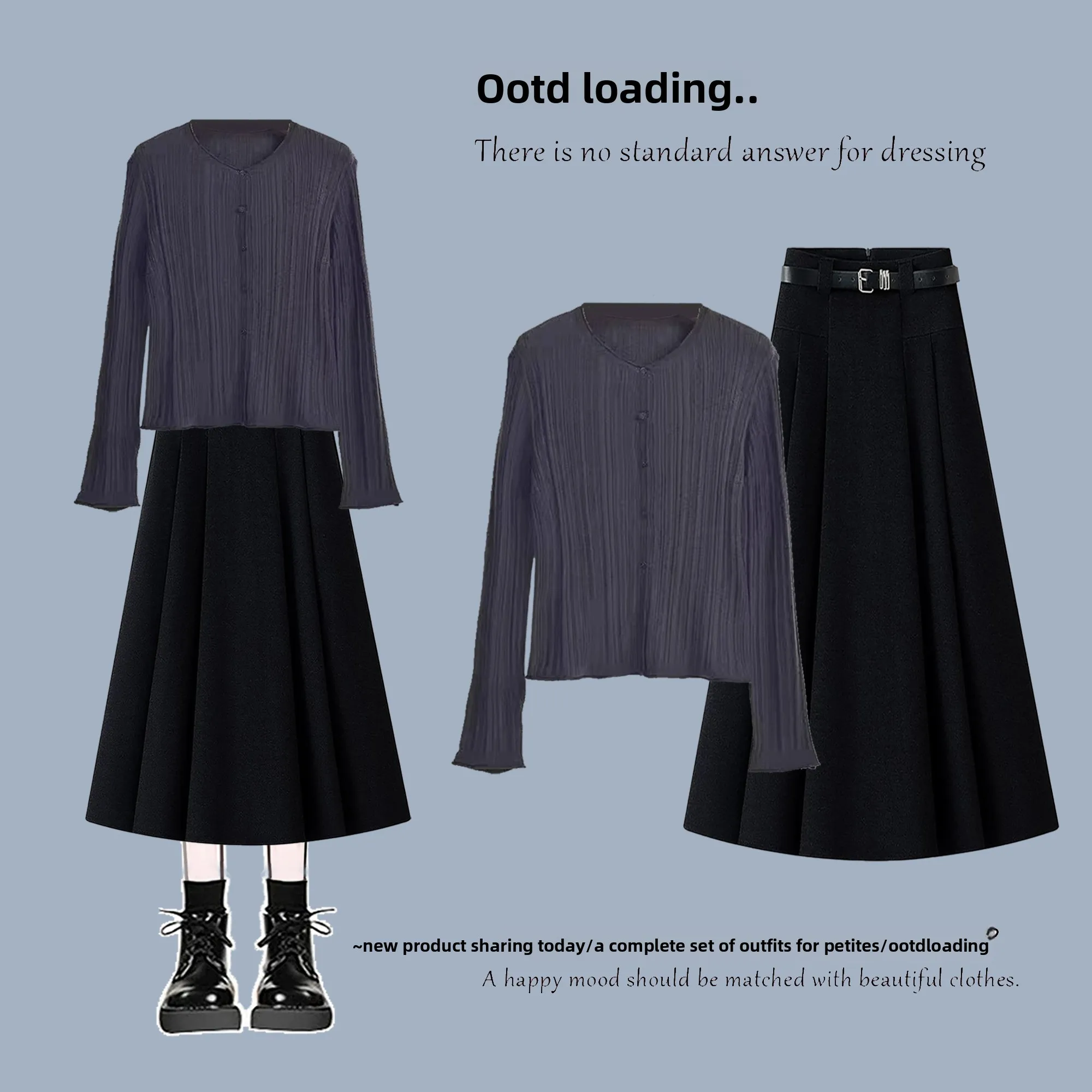 

Комплект из двух предметов: вязаный свитер Laid-ba с длинными рукавами и плиссированная юбка А-силуэта. Весенняя повседневная модная одежда для женщин.