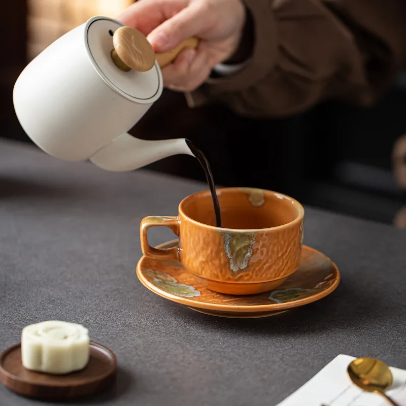 Irregular Shape Ceramic Coffee Cup And Saucer Set Retro Latte Mug Afternoon Tea Water Cup