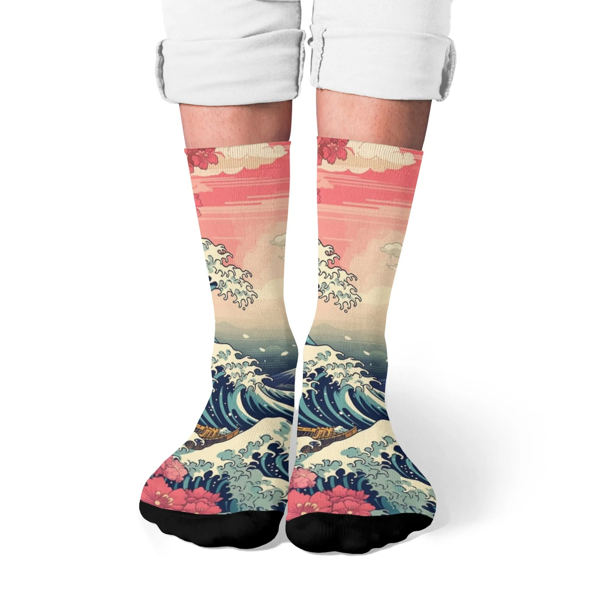 

Ukiyo-e Wave Crew SocksPink - Blue Cherry Blossom & Wave & Classical Lines Detail Depiction Unisex Daily Personalized Socks