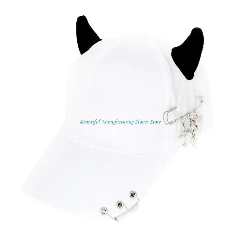 E56A Edgy Streetwear Caps Cotton Baseball Caps With Metal Rings Adjustable Headwear For Street Fashion Enthusiasts
