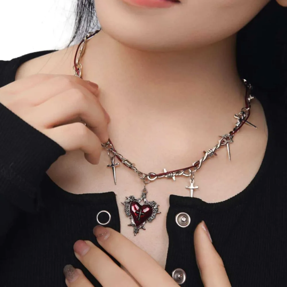 Y2K Spicy Girl Sliver Color Thorn Winding Cross Tassel Red Drip Glaze Heart Pendant Necklace for Women Personality Punk Jewelry