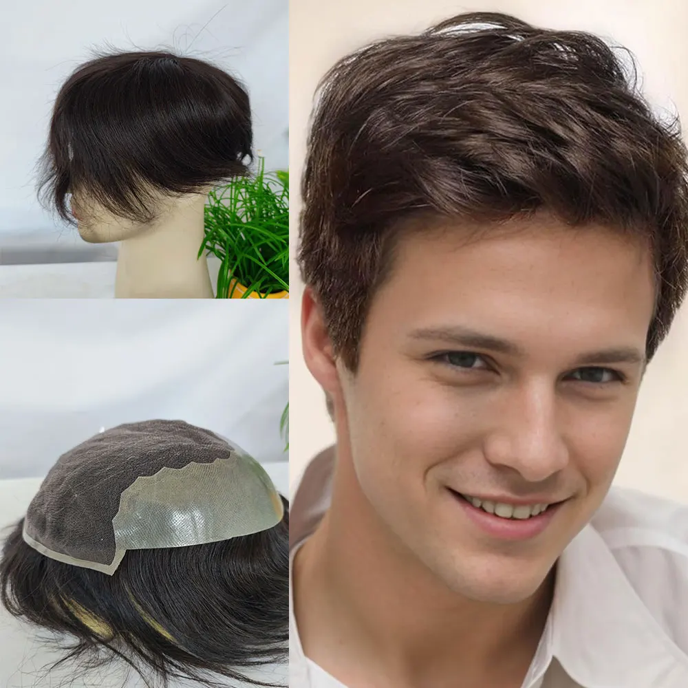 Q6 الدانتيل السويسري مع بو رجل شعر مستعار باروكة من شعر طبيعي نظام شعر ريمي هندي هيربيسي 2 #   اللون البني 6X9 بوصة