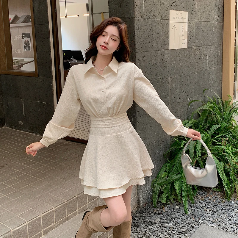 Robe Chemise Française Décontractée à Manches sulfpour Femme, Jupe Courte, Taille Plissée, Bords à Volants, Tempérament de Dégradation, Nouvelle Collection Printemps