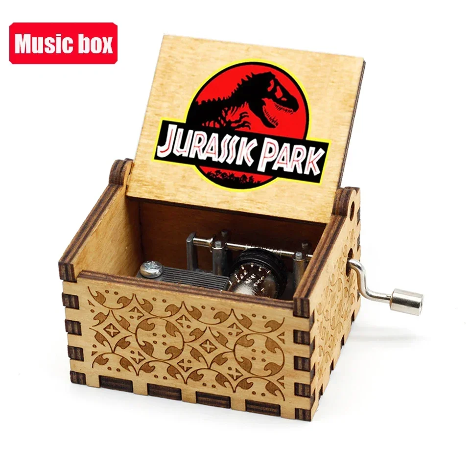 NEW Antique carved Wooden Hand Crank Jurassic Park Music Box Action Toy Figure Anime Model Christmas Birthday Gift