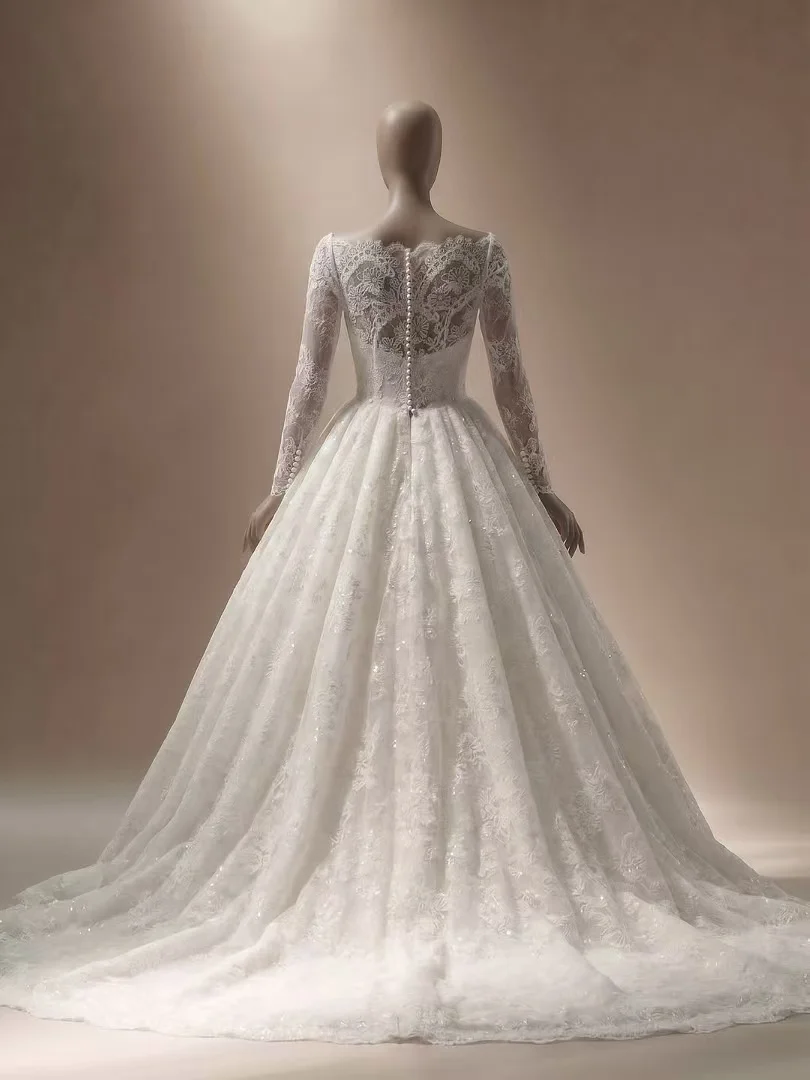 Customized Luxurious Lace Wedding Dress Long Sleeve Estilo Princesa Elegantes Vestido Abiti Da Sposa Noiva Vestido De Novia