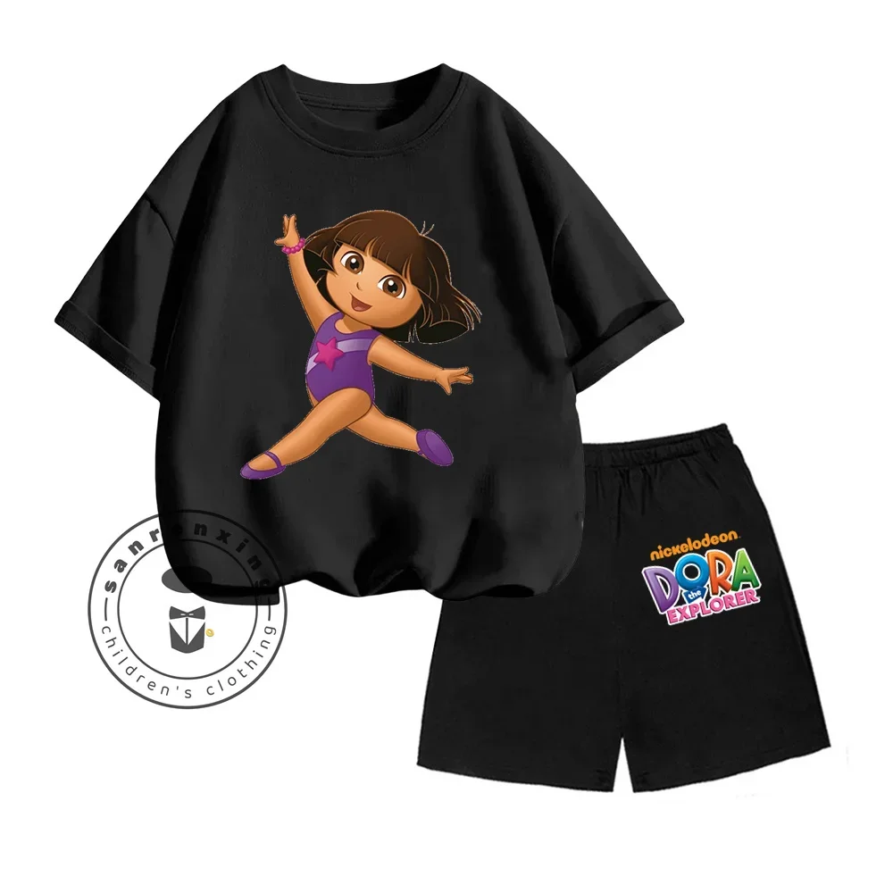 2024 Dora The Explorer Animated Cartoon Print Design O-neck Short Sleeve and Shorts Two-piece Suit for Children 3-14 Years Old