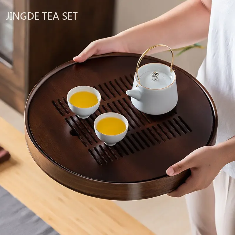 Large Capacity Water Storage Bamboo Tray Delicate Round Tea Board Chinese Tea Set Trays Decorative Traditional Tea Accessories