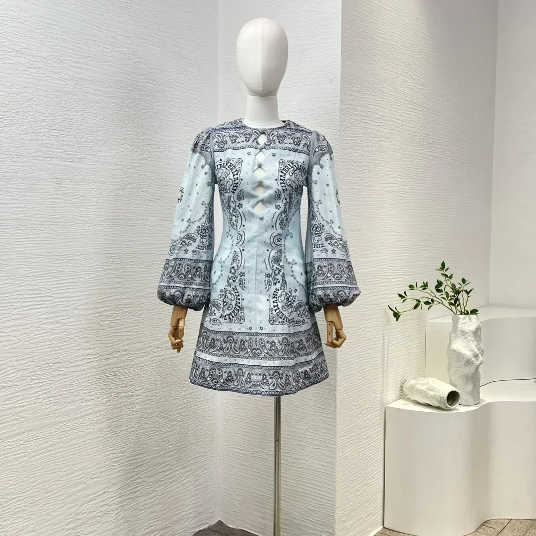 

Sexy Silk2024 New Collection Blue Paisley Floral Print High Quality Linen Long Lantern Sleeve Hole Buttons Women Vintage Mini Dr