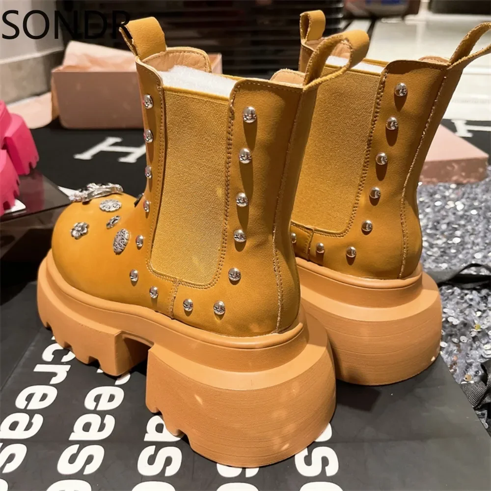 Womens Genuine Leather Rivet Owl Metal Decor Ankle Boots Platform Chunky High Heel Rhinestones Round Toe Shoes 4Colors New 2024