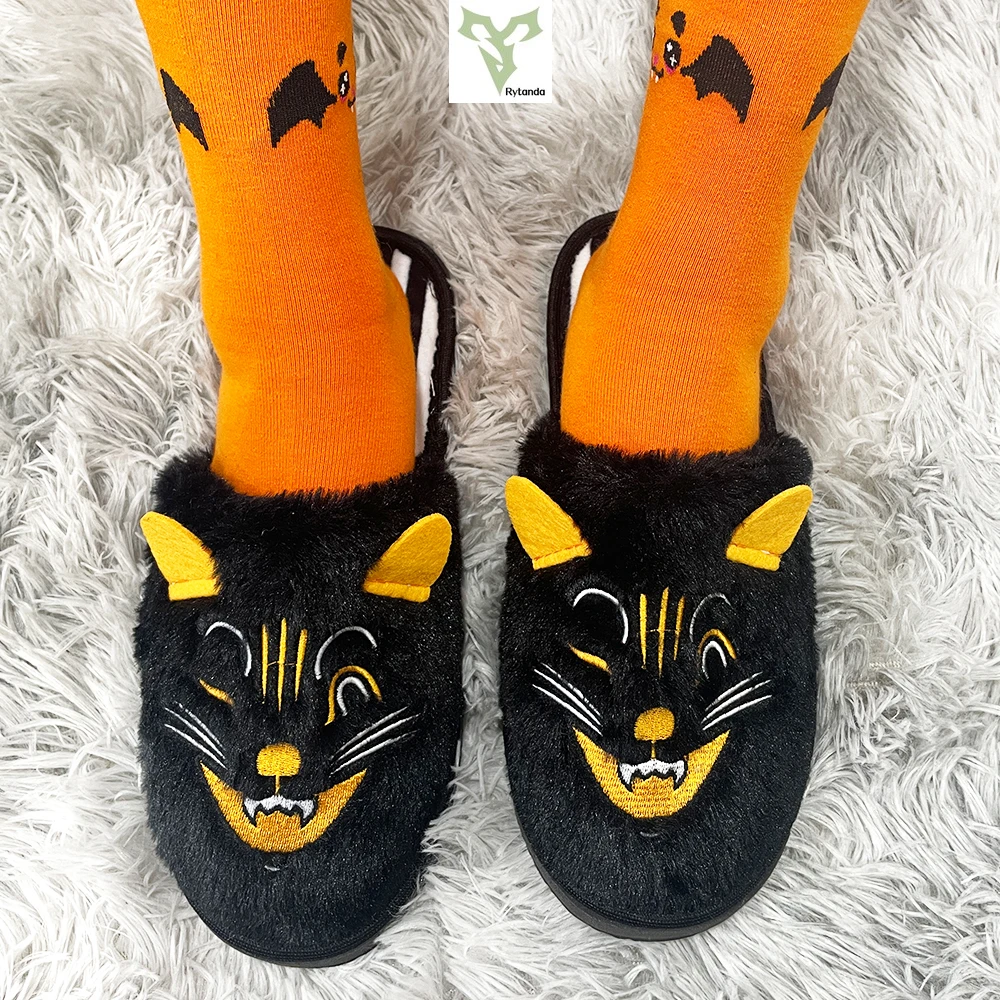 Funny Cartoon Cat Fur Slippers Women's Winter Fluffy Home Plush Slides Shoes Halloween Black Cat Indoor Shoes Plushie Gifts