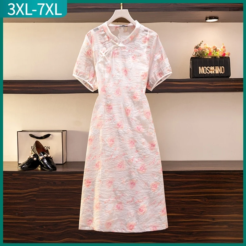 Vestido Cheongsam de talla grande para mujer, vestido Midi holgado de manga corta con estampado Floral, 3XL, 4XL, 5XL, 6XL, 7XL, novedad de verano de 2023