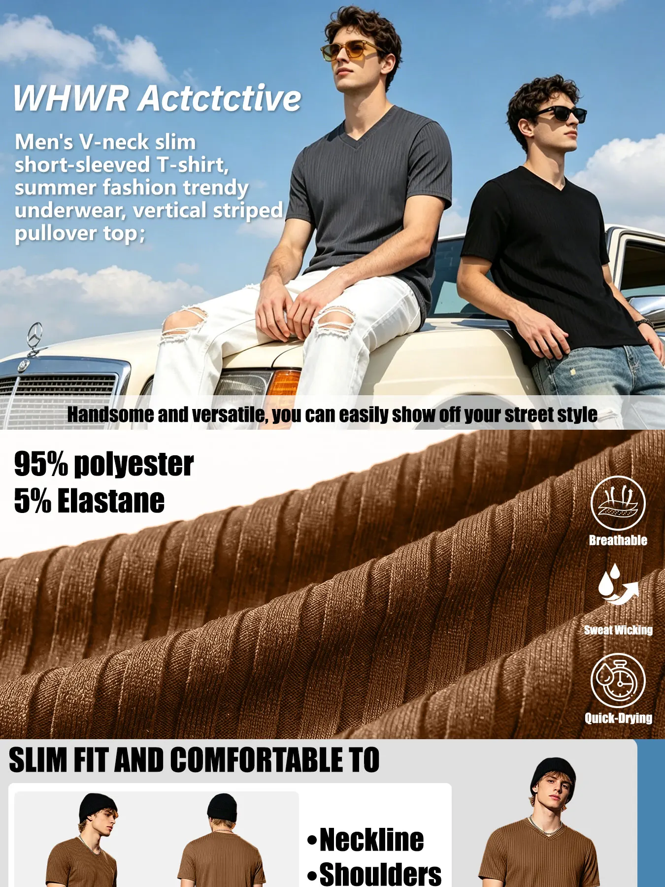 Men Vertical Ribbed V-Neck T-Shirt Slim Fit Breathable Quick Dry Stretch Knit Casual Streetwear Short Sleeve Pullover image 5