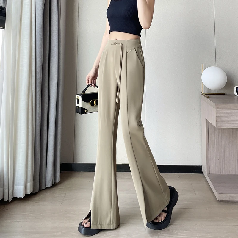 High Waist Suit Wide Leg Women's Full Pants Spring Summer Front Split Elegant Minimalism Straight Loose Trousers Female 2024 New